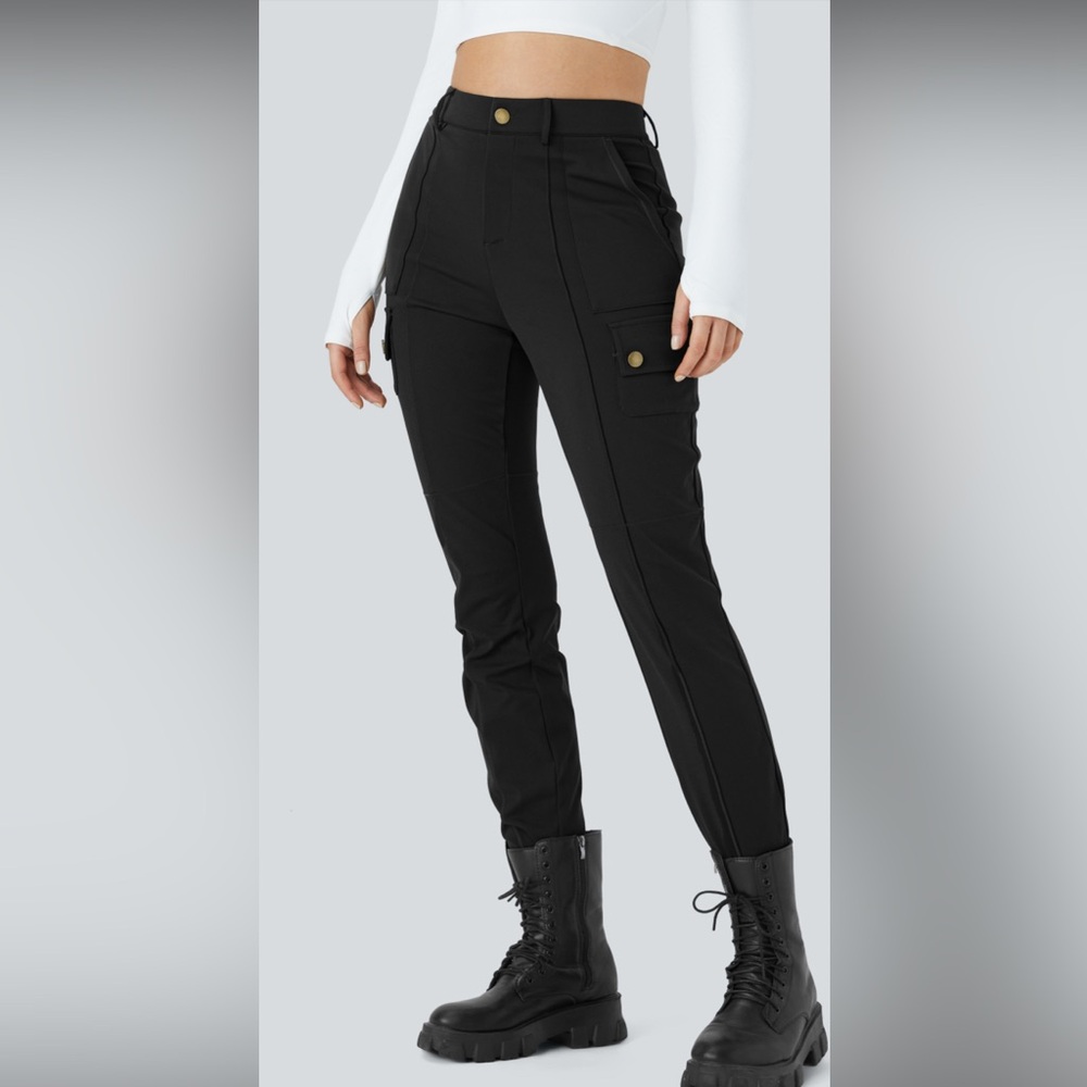 Halara High Waisted Zipper Pockets Solid Slim Hiking Cargo Pants NWT BLACK